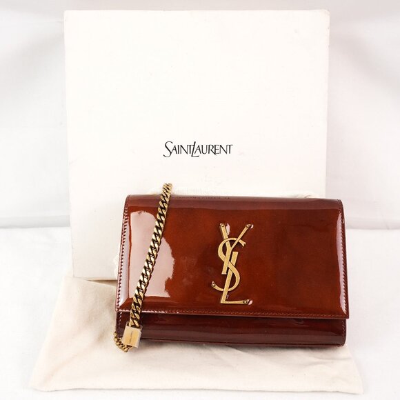 NIB Saint Laurent Kate Small Patent Leather Shoulder Bag in Chataigne - Picture 1 of 11